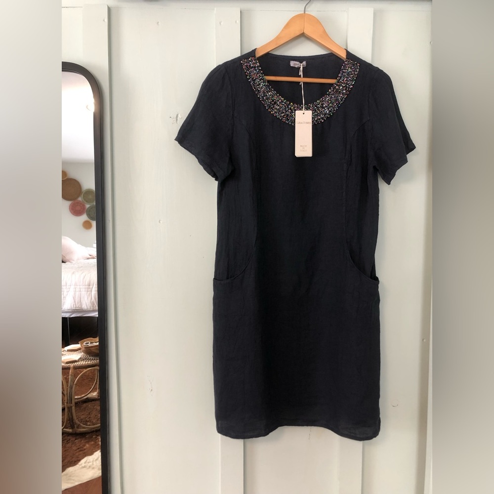 NWT Italian Linen Shift Dress Lina Tomei Beaded Blue Evening Size M